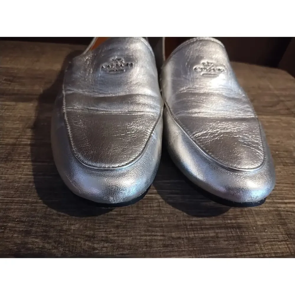 Coach Mary Lockup Silver Slip On Loafer Designer Shoes Womens Size 7 Leather - Picture 4 of 10